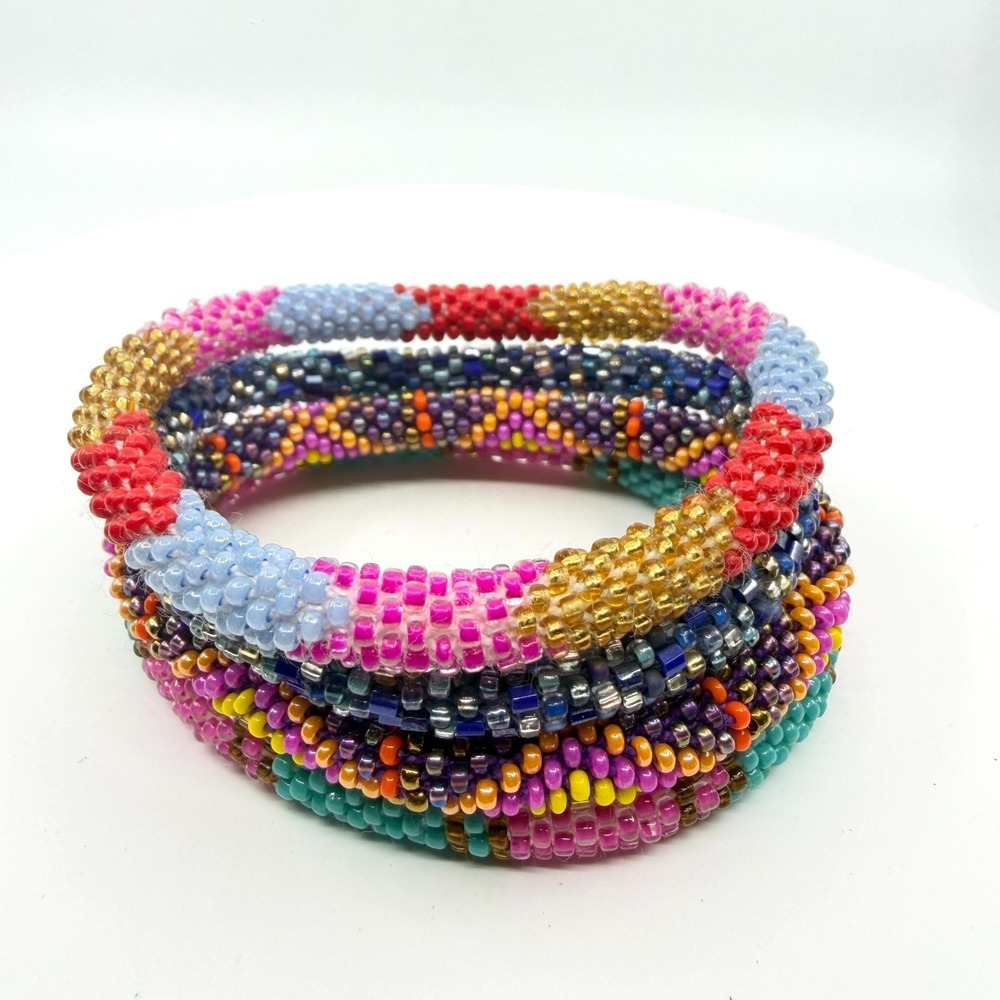 Boho Beaded Roll On Bracelet Stack Set Colorful Glass Seed Bead Chunky Gift
